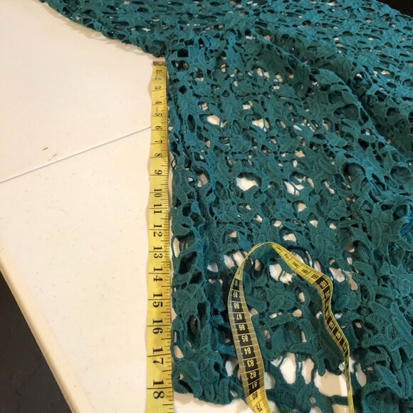 Green Lace Floor Length Dress with high collar and a teal satin sash, Size M - Picture 6 of 11